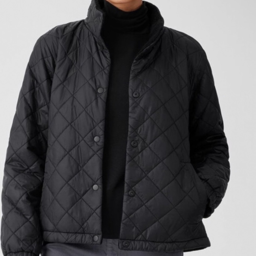 Eileen Fisher Hooded Quilted Jacket black Snap Front Women S